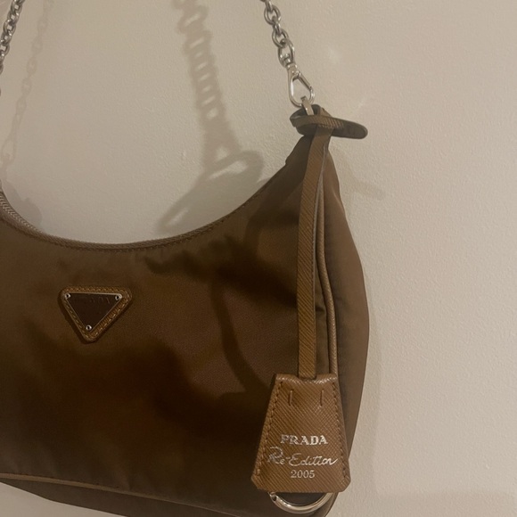 Prada Brown Nylon Shoulder Bag with Silver Chain Strap - Picture 2 of 4
